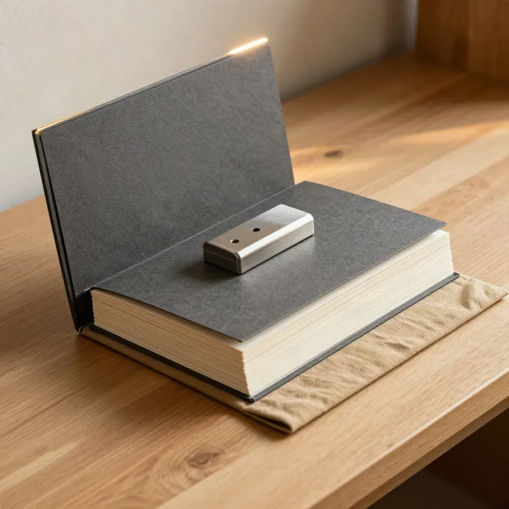Open pitch deck folio with slide boards and metal weight on a pale studio desk.