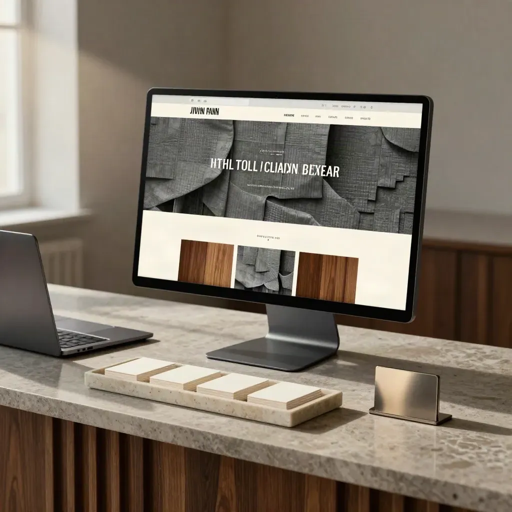 Law-firm reception with angled monitor, closed laptop and stone tray of blank cards.