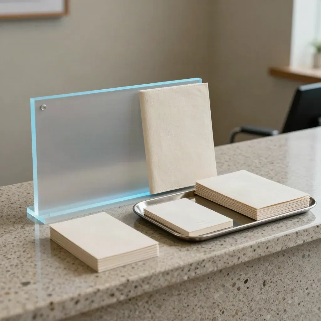 Clinic reception brand kit with acrylic sign, folder, cards and leaflets in moody light