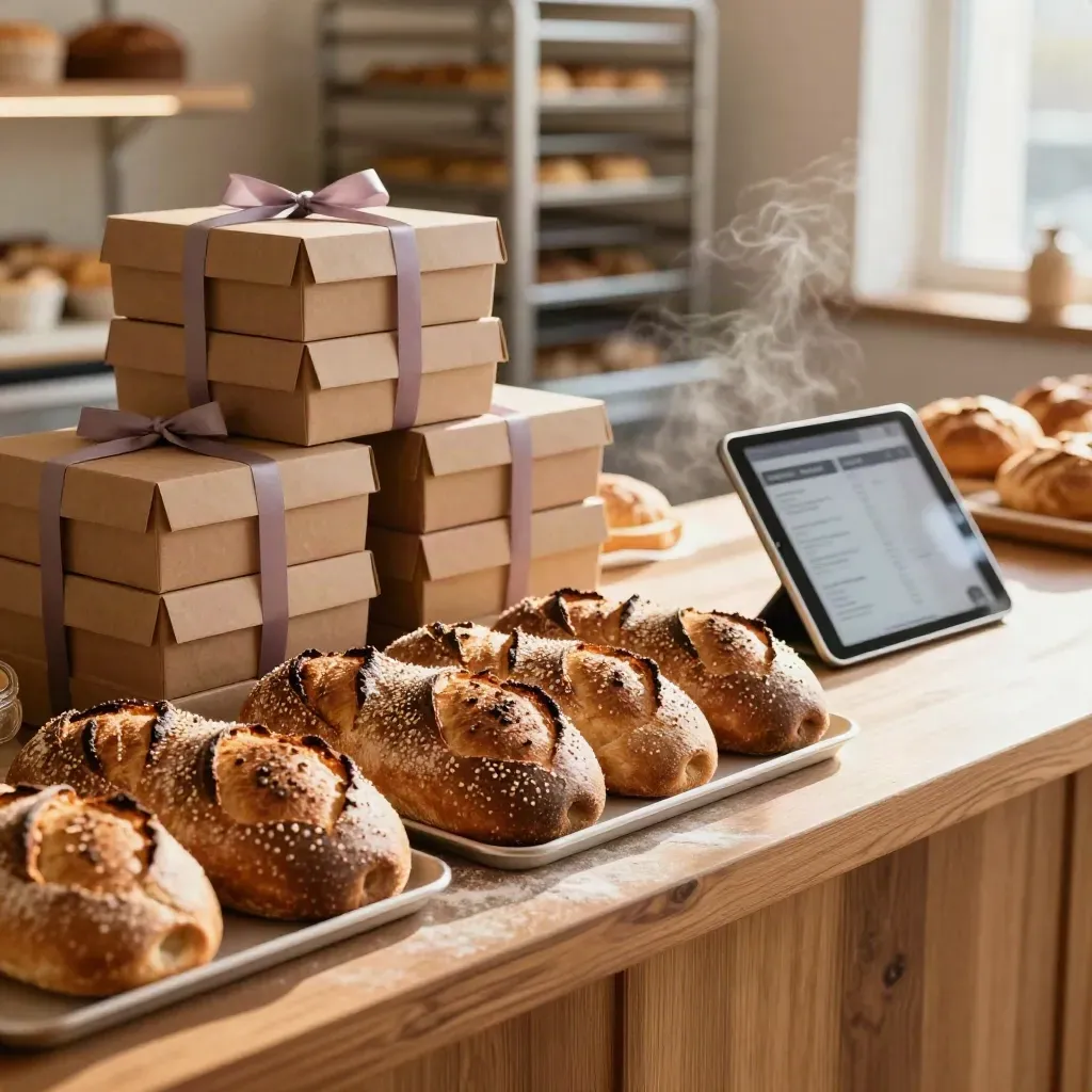 Bakery counter with pastry boxes, seeded loaves and a tilted tablet in warm window light.