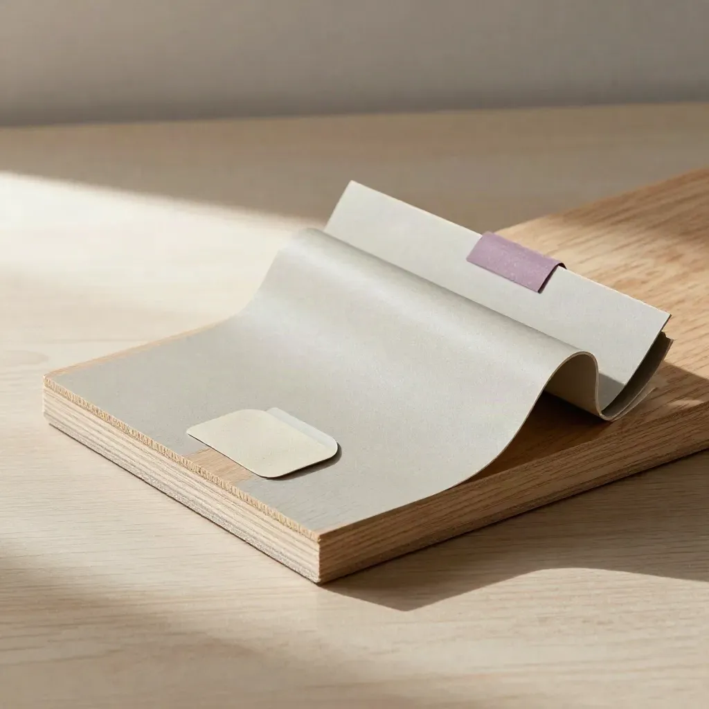 Mockup board with peeled sample, adhesive swatch, and curled revision pieces on pale wood.