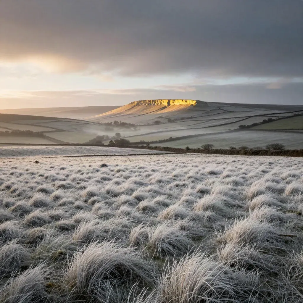 Rolling chalk hills under low cloud, misty hedgerows, and a pale horizon in soft dawn light.