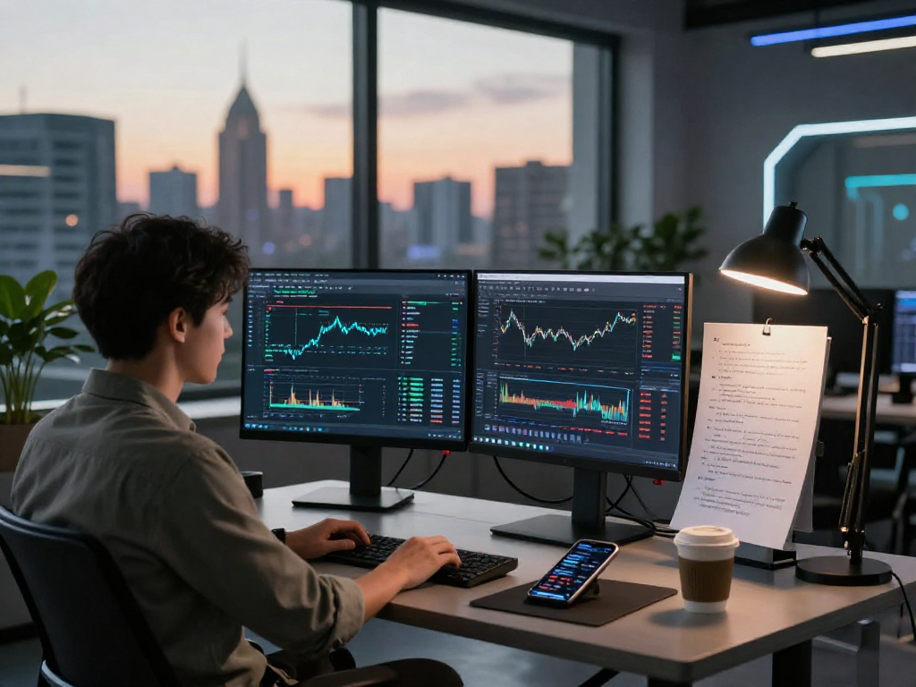 Programador trabajando en la plataforma de trading Immediate Edge en un ambiente tecnológico moderno.
